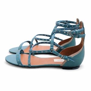 NIB Valentino Teal Leather Love Latch Cross Strap Flat Gladiator Sandals 37.5